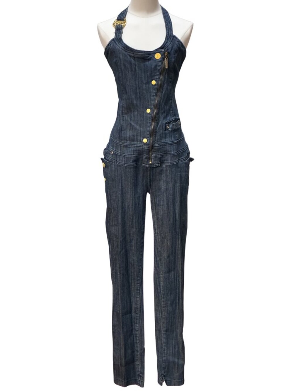 VTG Y2K Apple Bottoms Dark Wash Denim Halter Jumpsuit Asymmetrical Zip Medium